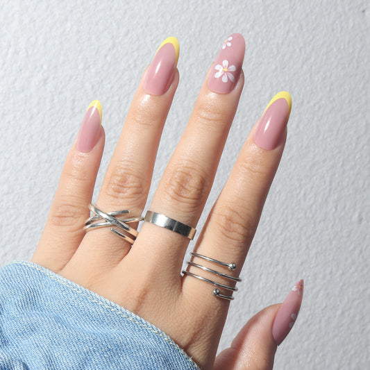 Springtime Blossom Long Almond Mauve Press On Nails with Yellow Tips and Flower Accents