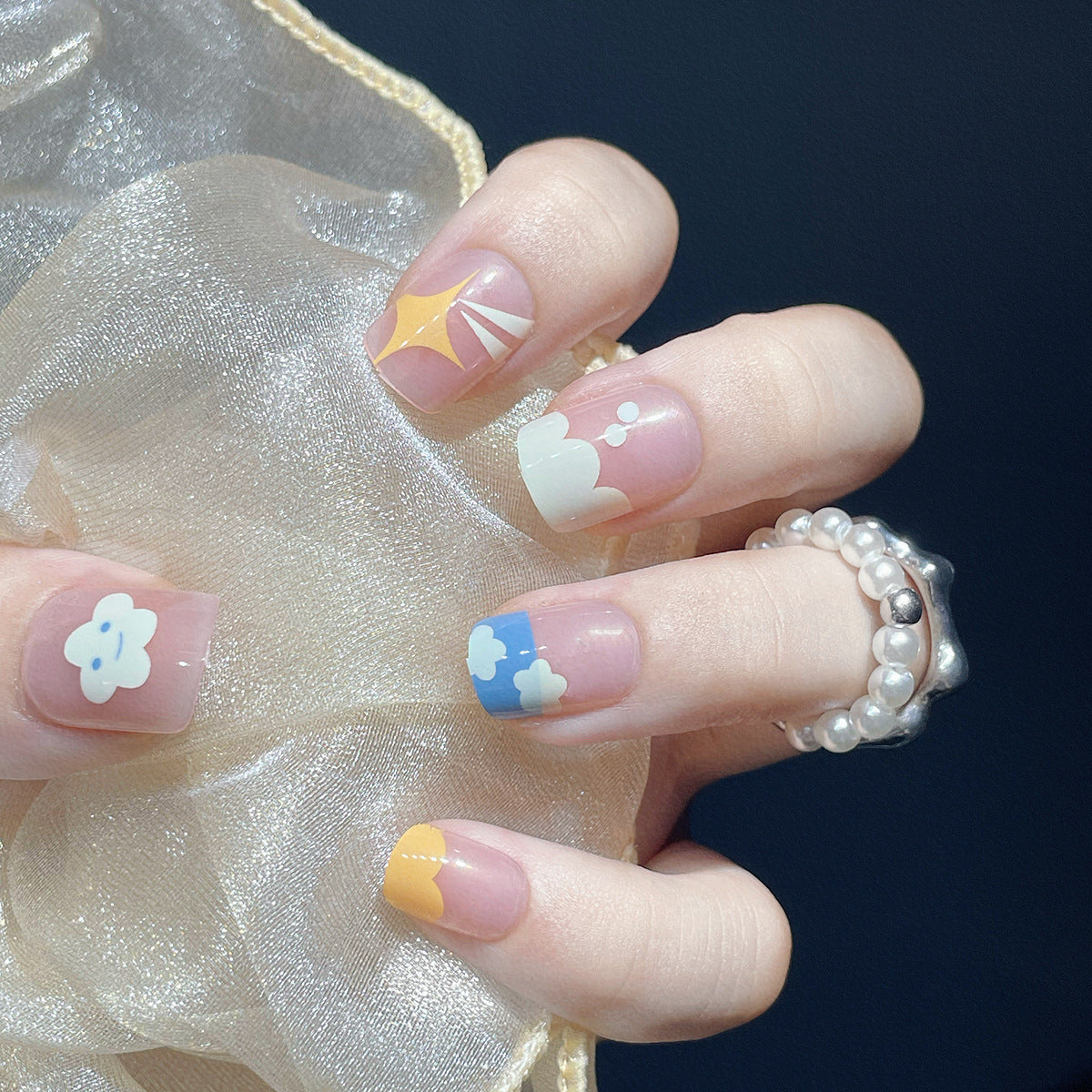 Cloudy Daydream Short Squoval Pastel Ombre Press On Nail Set with Playful Cloud Accents