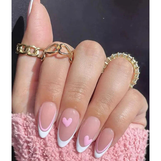 Some People Love Medium Almond Pink Hearts Press On Nails