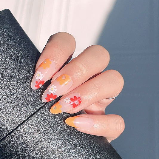 Spring Blossom Medium-Length Almond-Shaped Pastel Ombre Press On Nail Set with Floral Accents