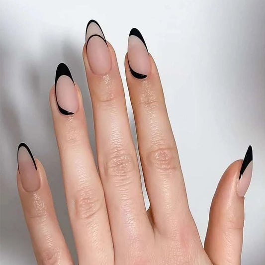 Looks Amazing Too Medium Almond Black French Tips Press On Nails