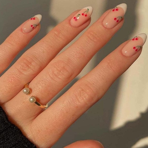 Cherry Blossom Medium Almond Beige Press On Nails with Red Berries and Delicate Greenery Design