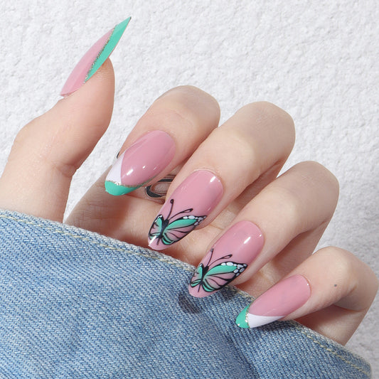 Enchanted Garden Medium Almond Soft Pink Press-On Nails with Green French Tips and Butterfly Art