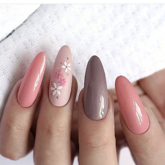 Spring Blossom Long Almond Pink and Taupe Press On Nail Set with Floral Accent Design