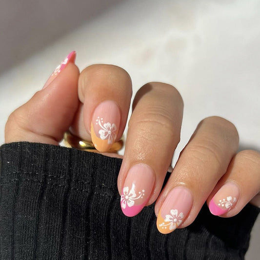 Spring Blossom Medium Length Almond Pink Ombre Press On Nail Set with White Floral Accents