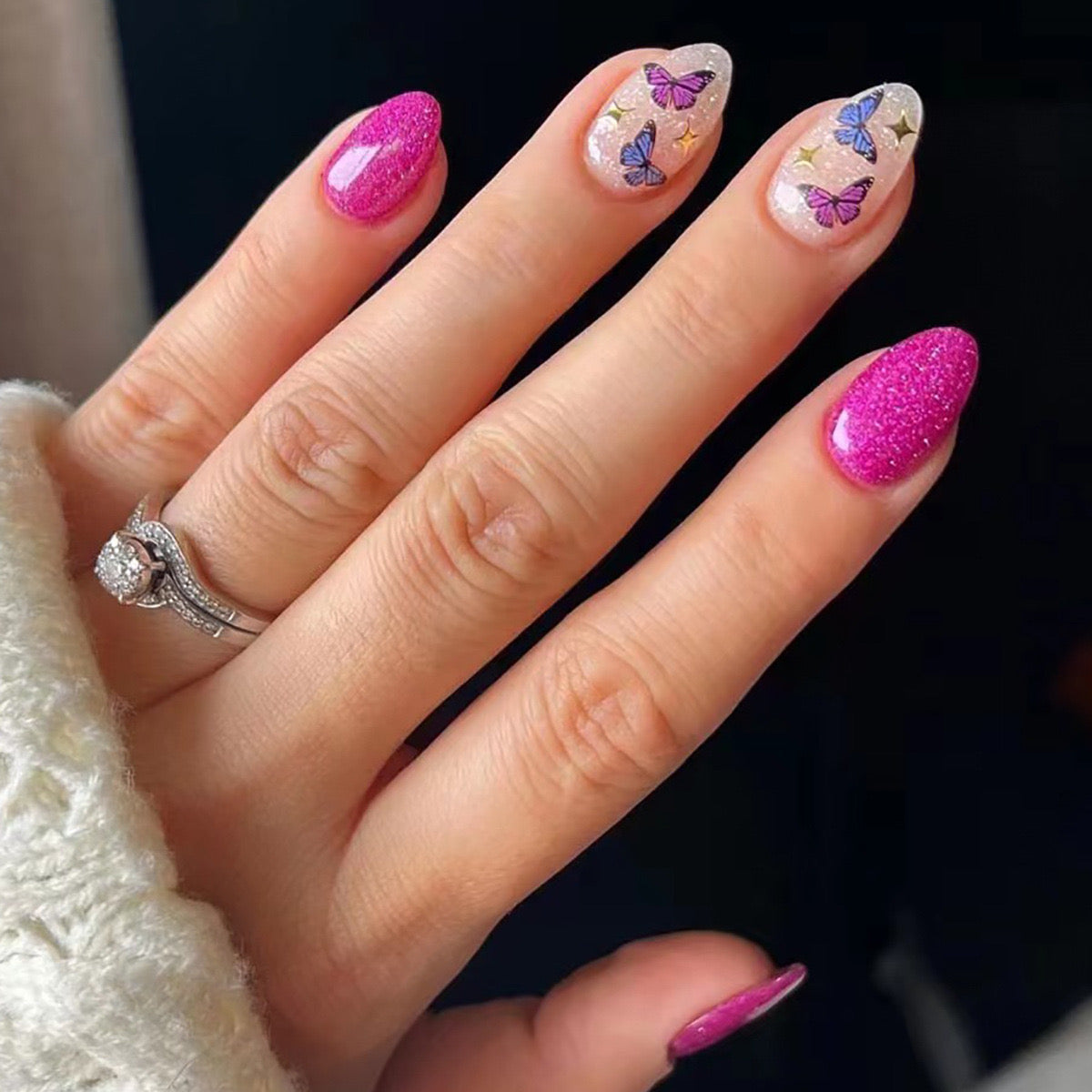 Enchanted Garden Medium Length Oval Pink Press On Nails with Glitter Finish and Butterfly Accents