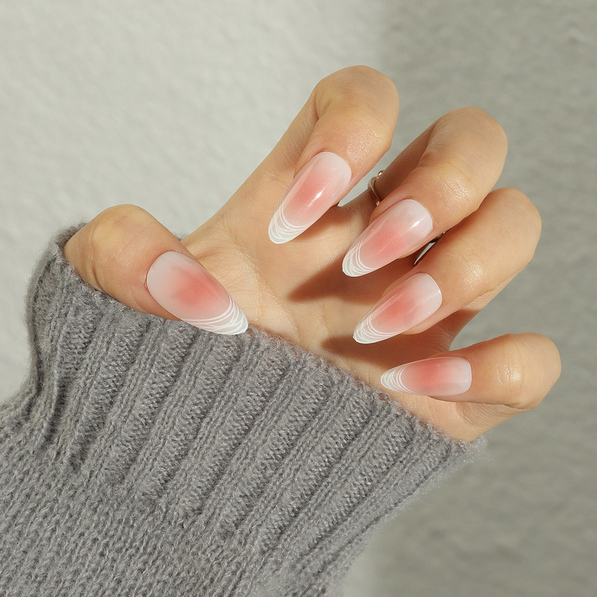 Cozy Cashmere Long Almond Ombre Press On Nails with White Swirl Design