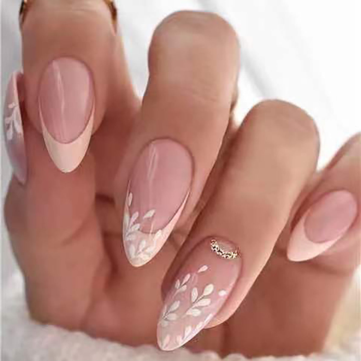 Elegant Medium Almond Beige Press-On Nails with Delicate White Floral Art