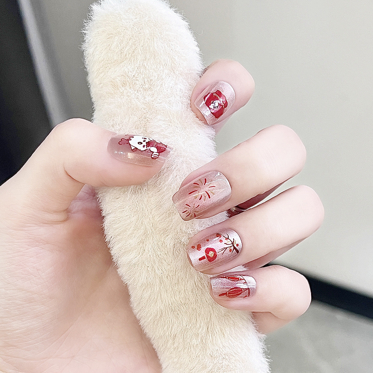 Winter Wonderland Short Square Maroon Press-On Nails with Snowflake Art and Gemstone Embellishments