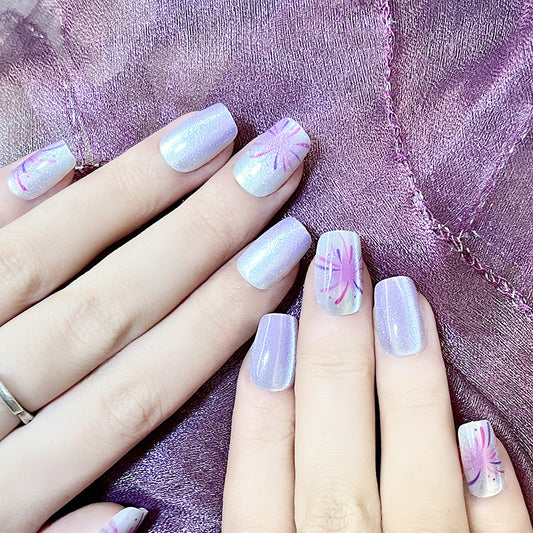 Lavender Dream Medium Squoval Lilac Glitter Press-On Nails with Floral Art