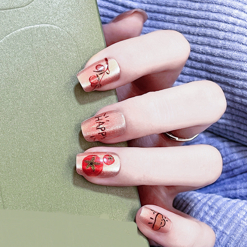 Festive Cheer Medium Squoval Rose Gold Press-On Nails with Seasonal Ornament Accents