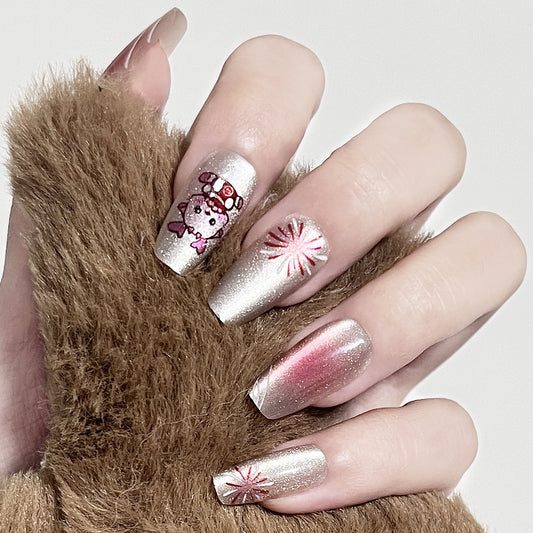 Festive Frost Medium Coffin Silver Glitter Press-On Nails with Holiday Character Accents