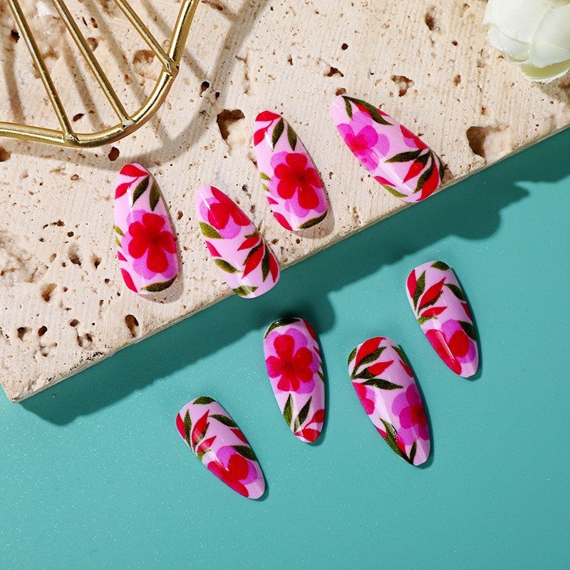 Tropical Escape Long Almond Pink Floral Print Press On Nail Set with Leaf Accents