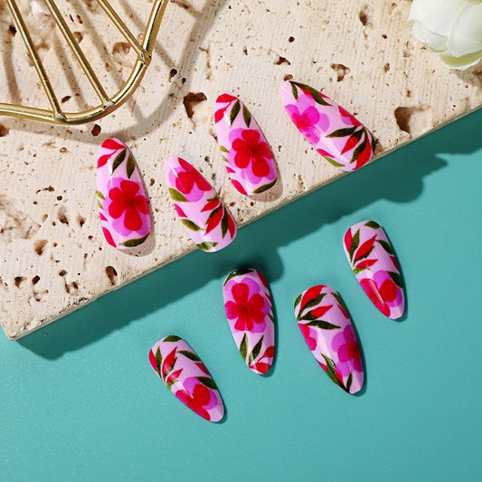 Tropical Escape Long Almond Pink Floral Print Press On Nail Set with Leaf Accents