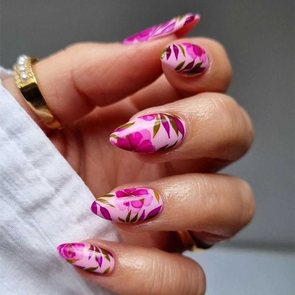 Floral Fantasy Long Almond Pink Floral Press On Nail Set with Leafy Accent Design