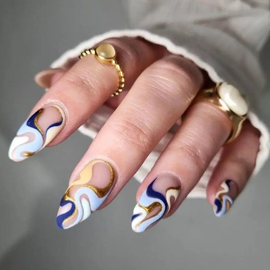 Elegant Waves Long Almond Press On Nails with Blue and White Swirls and Gold Accents