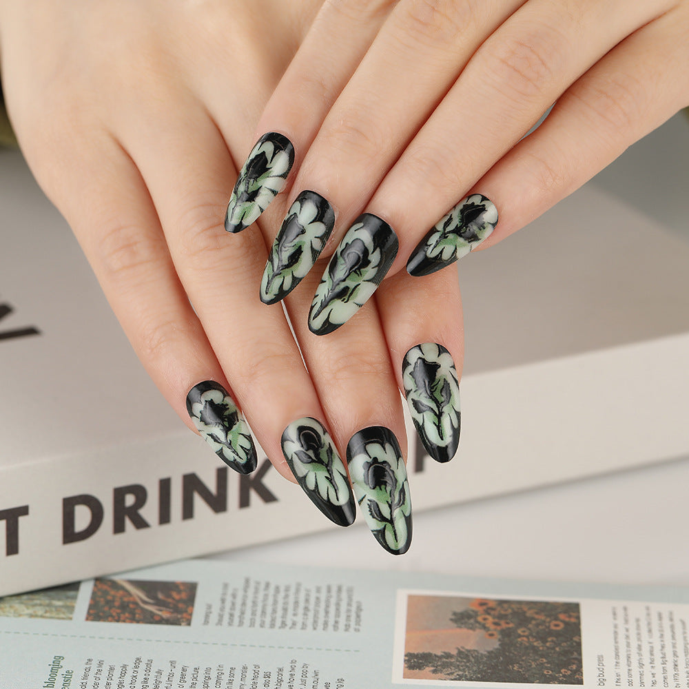 Mystical Floral Fantasy Medium Almond Black Green Rose Press On Nail Set with 3D Effect Design