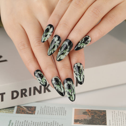 Mystical Floral Fantasy Medium Almond Black Green Rose Press On Nail Set with 3D Effect Design