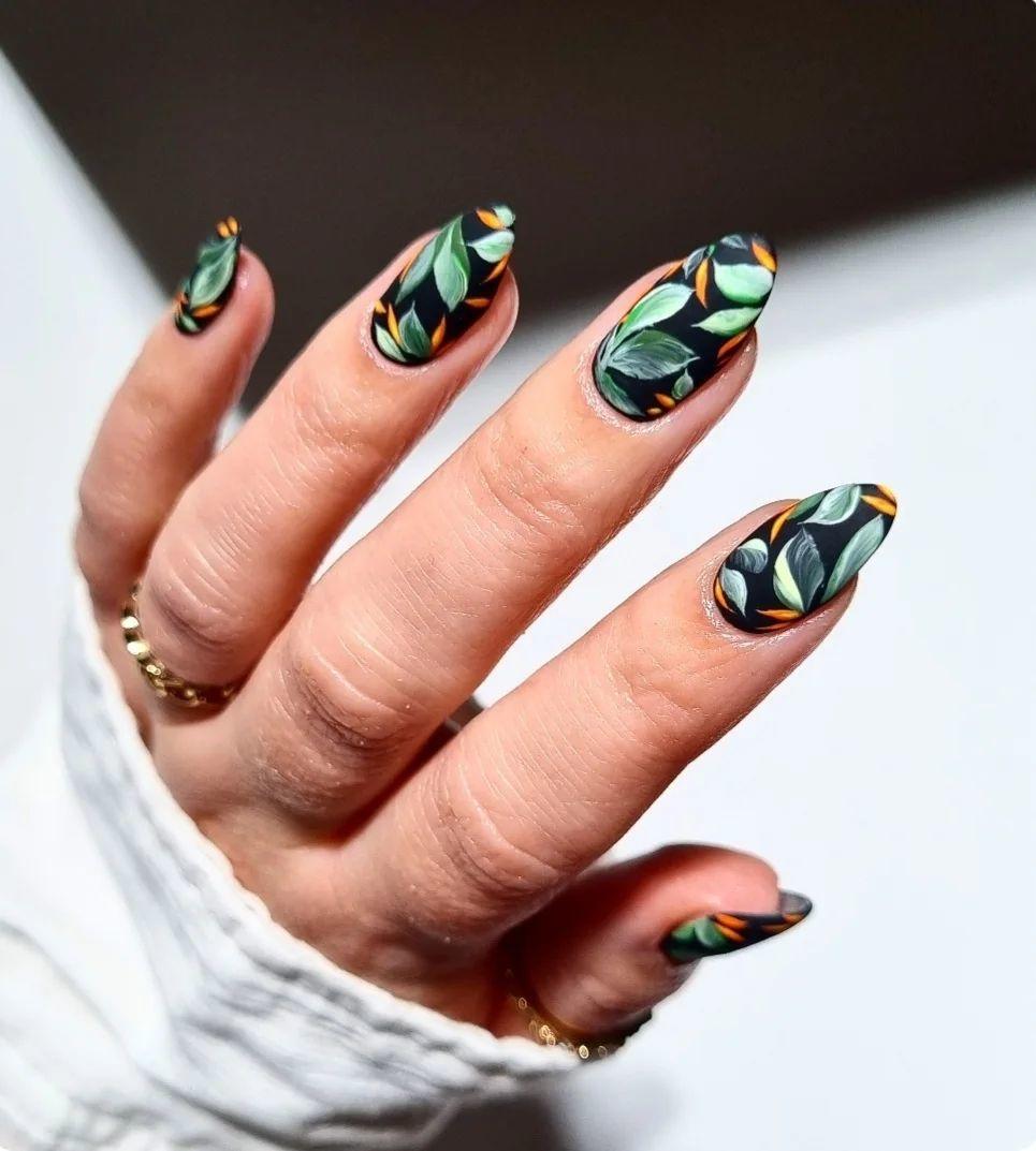 Tropical Elegance Medium Oval Multicolor Leaf Pattern Press On Nail Set With Glossy Finish