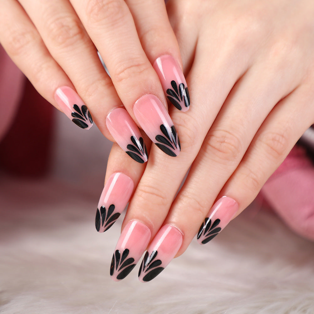 Elegant Blossom Collection Medium Almond Pink Press On Nails with Black Floral Accents