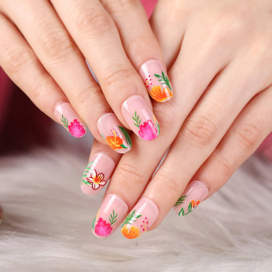 Spring Blossom Short Length Oval Pink Press On Nail Set with Floral Art Design