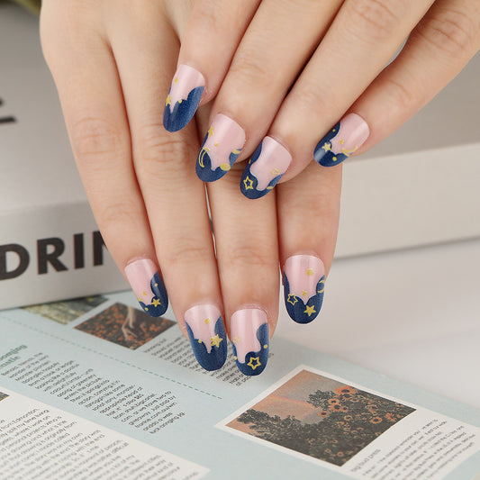 Starry Night Galaxy Medium Round Pink and Navy Blue Press On Nails with Gold Star Accents