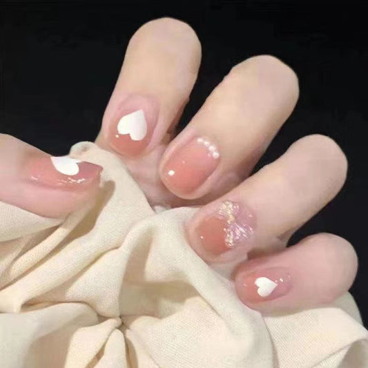 Elegant Bridal Collection Short Square Beige Pink Press On Nails with Heart Accents and Glitter Highlights