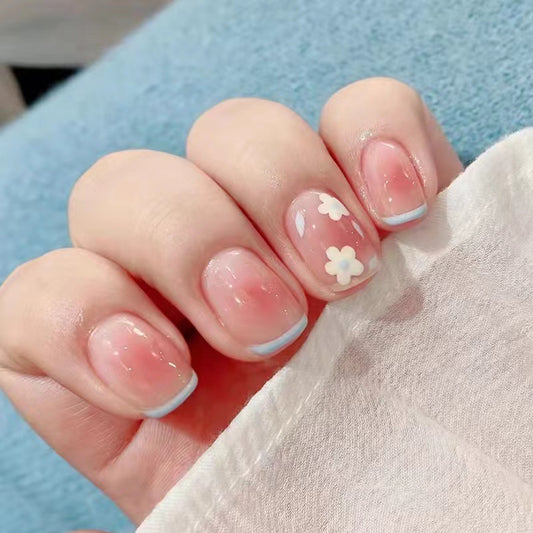 Spring Blossom Short Squoval Pink Press On Nails with Floral Accents and French Tips