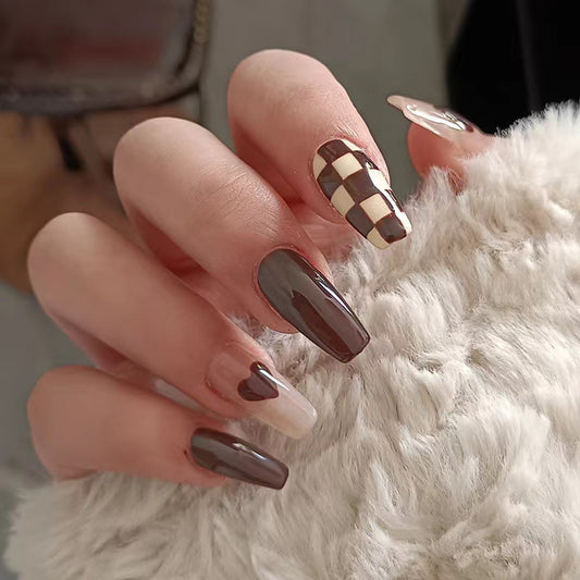 Autumn Elegance Long Coffin Brown and Beige Checkerboard Accent Press On Nail Set