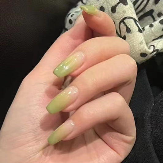 Enchanted Olive Long Coffin Press-on Nails with Glitter Accents in Ombre Green