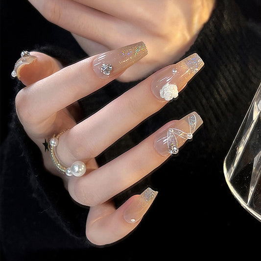 Elegant Evening Long Coffin Beige Glitter Accent Press-on Nail Set with 3D Embellishments