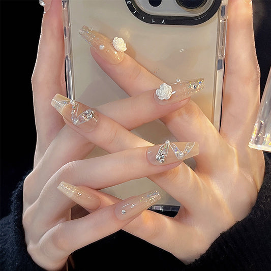 Elegant Bridal Collection Long Coffin Beige Press-On Nail Set with Rhinestone Embellishments