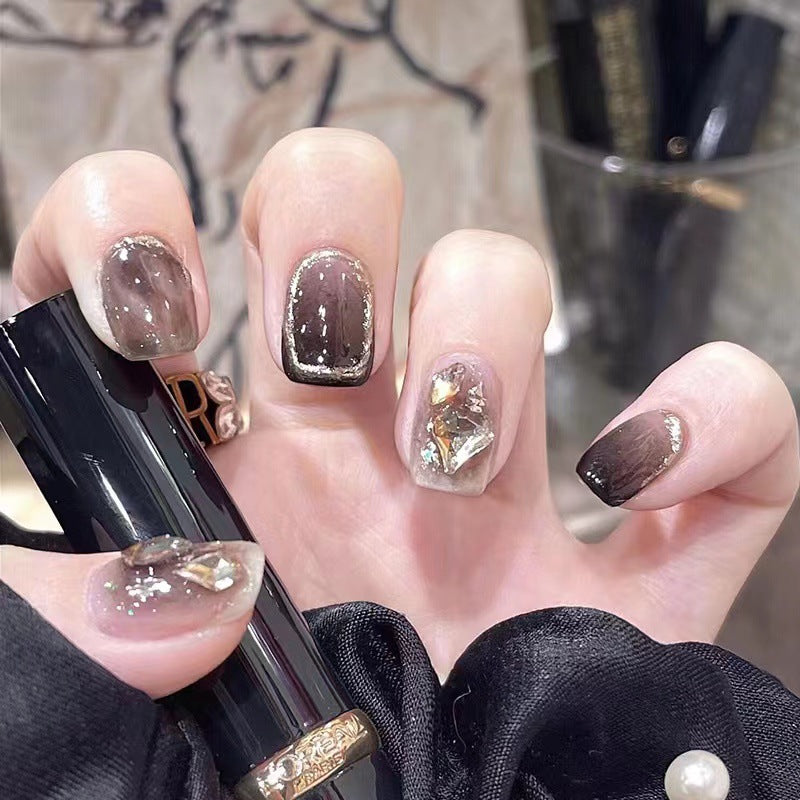 Elegant Mocha Magic Short Square Chocolate Brown Press On Nail Set with Foil Accents