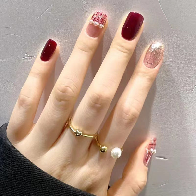 Elegant Evening Glamour Medium Square Burgundy and Glitter Accented Press On Nail Set with Embellished Feature