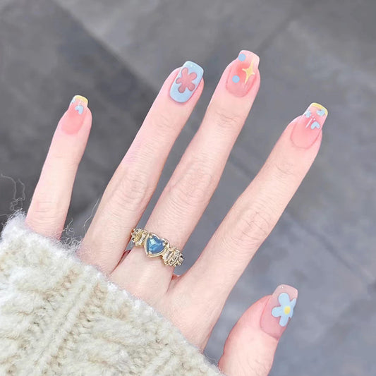 Spring Blossom Medium Square Pastel Press On Nail Set with Floral Accents