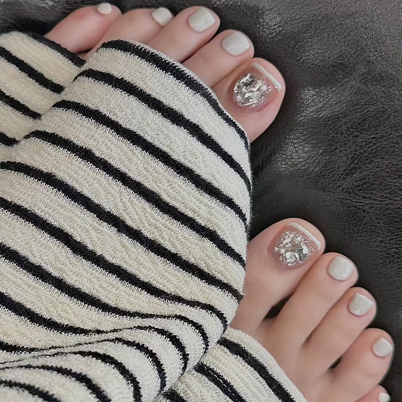 Elegant Affair Short Square Light Grey Press On Toenails with Rhinestone Accents