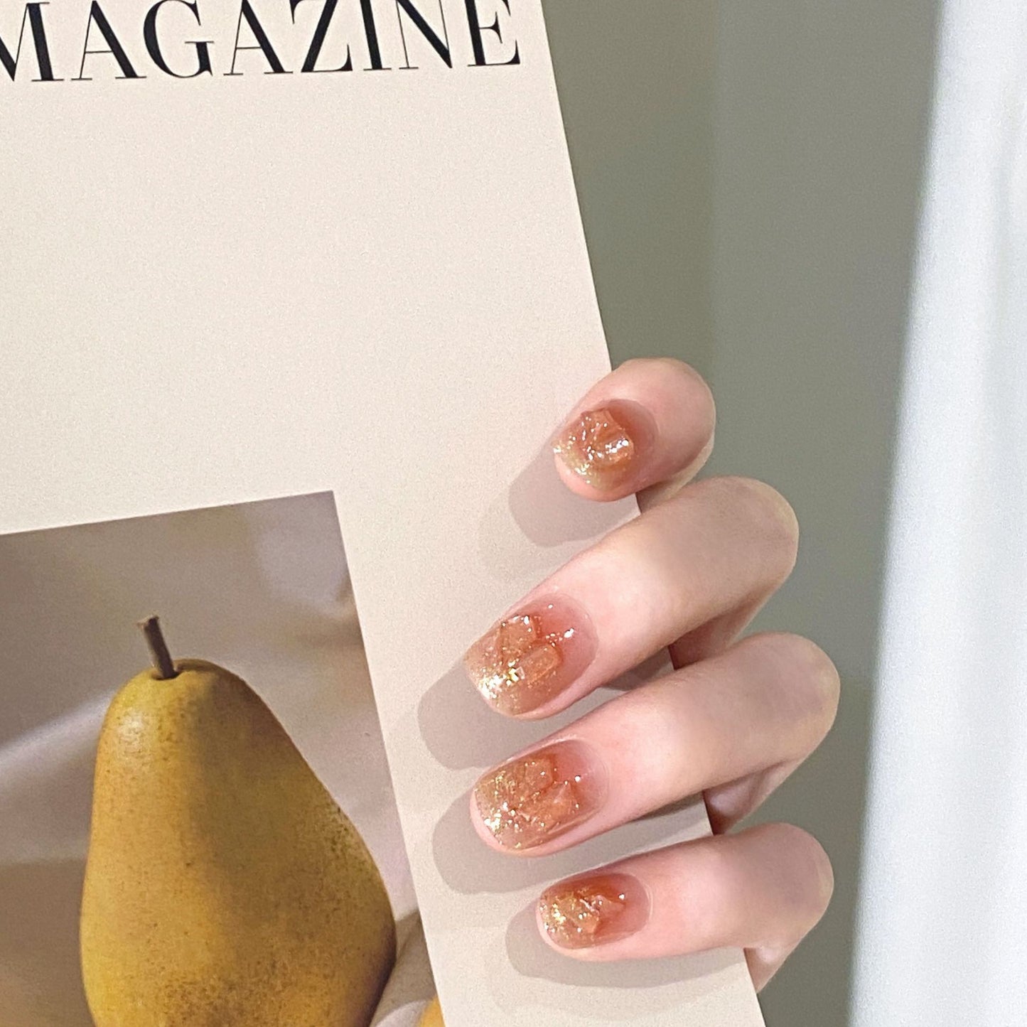 Autumn Elegance Short Length Squoval Beige Press On Nails with Gold Flake Accents