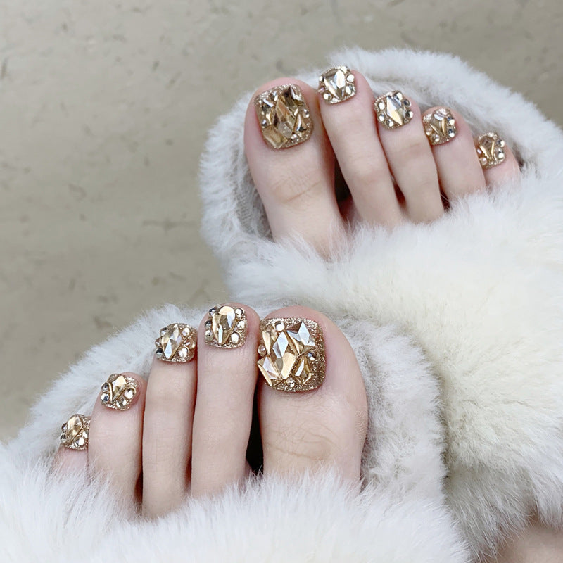 Glamorous Gala Short Square Champagne Gold Glitter Encrusted Press On Toenail Set