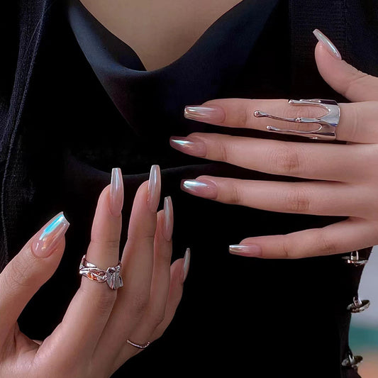 Elegant Evening Extra-Long Coffin Shape Beige Ombre Press On Nails with Holographic Highlights