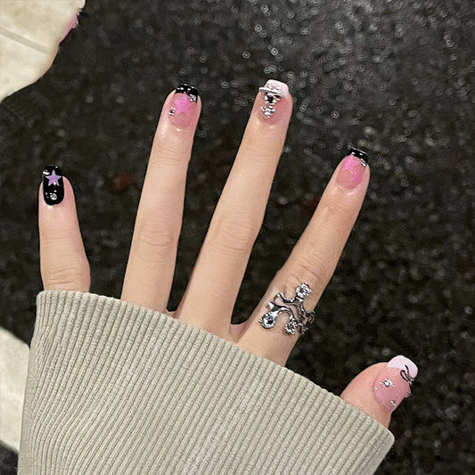 Moonlight Mystery Short Square Black and Pink Ombre Press On Nail Set with Crescent Moon Accents