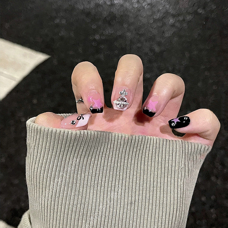 Gothic Glamour Short Square Black and Pink Ombre Press On Nails with Rhinestone Accents