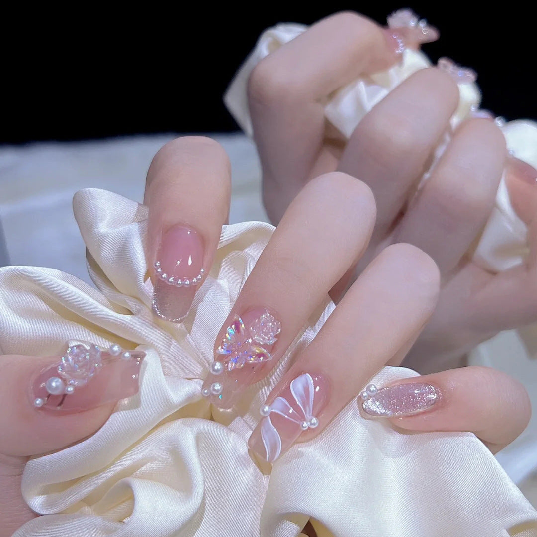 Elegant Bridal Bliss Long Square Pink Press On Nails with Pearl Accents and Glitter Detail