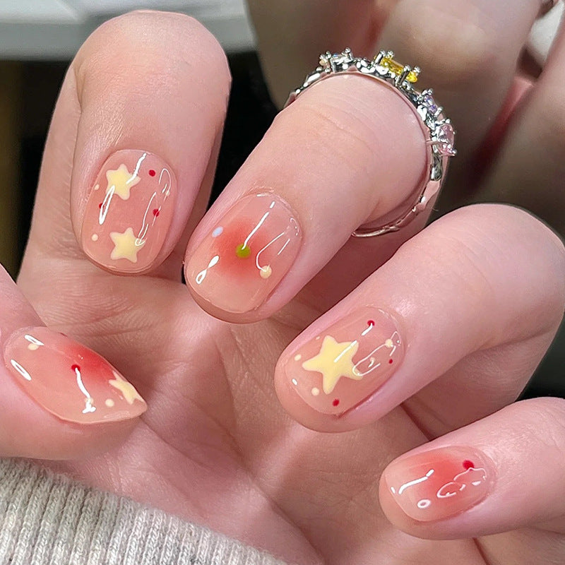 Enchanted Starry Night Short Length Squoval Peach Press On Nail Set with Glitter Accents