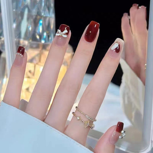 Autumn Elegance Medium Coffin Burgundy Press On Nails with Rhinestone Accents and Floral Embellishments