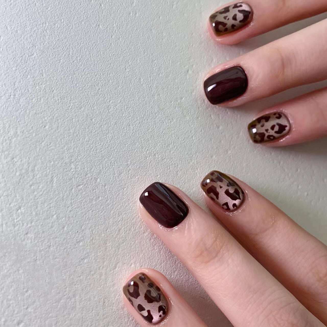 Safari Elegance Short Squoval Burgundy Leopard Print Press On Nail Set