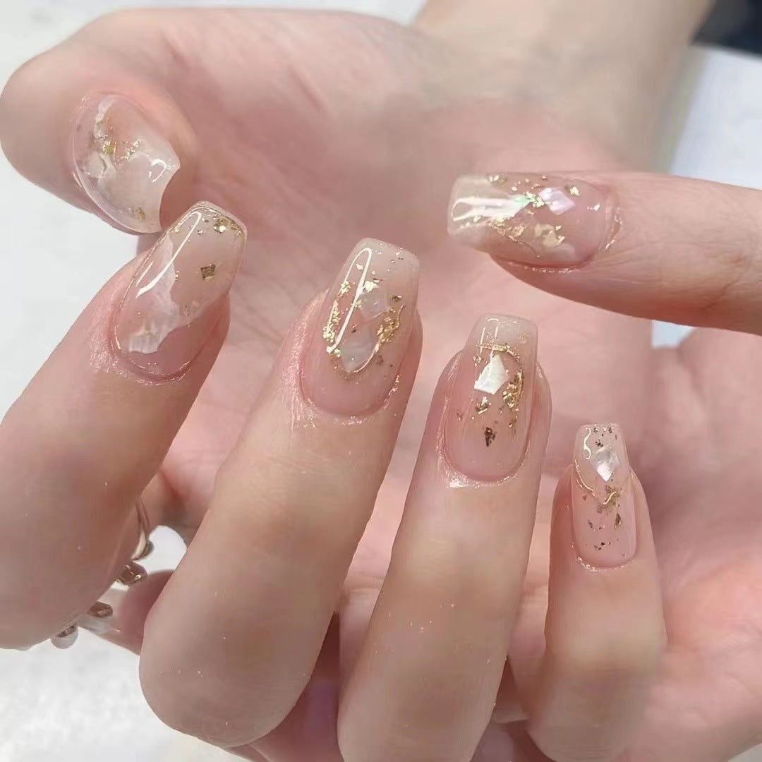 Ethereal Elegance Medium Coffin Pink Press on Nails with Gold Flakes and Shimmer Finish