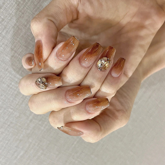 Autumn Elegance Medium Coffin Brown Press On Nails with Sparkling Gold Accents