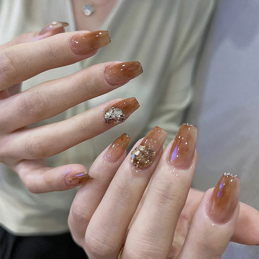 Glamour Chic Medium Coffin-Shaped Caramel Brown Press On Nail Set with Sparkling Accents