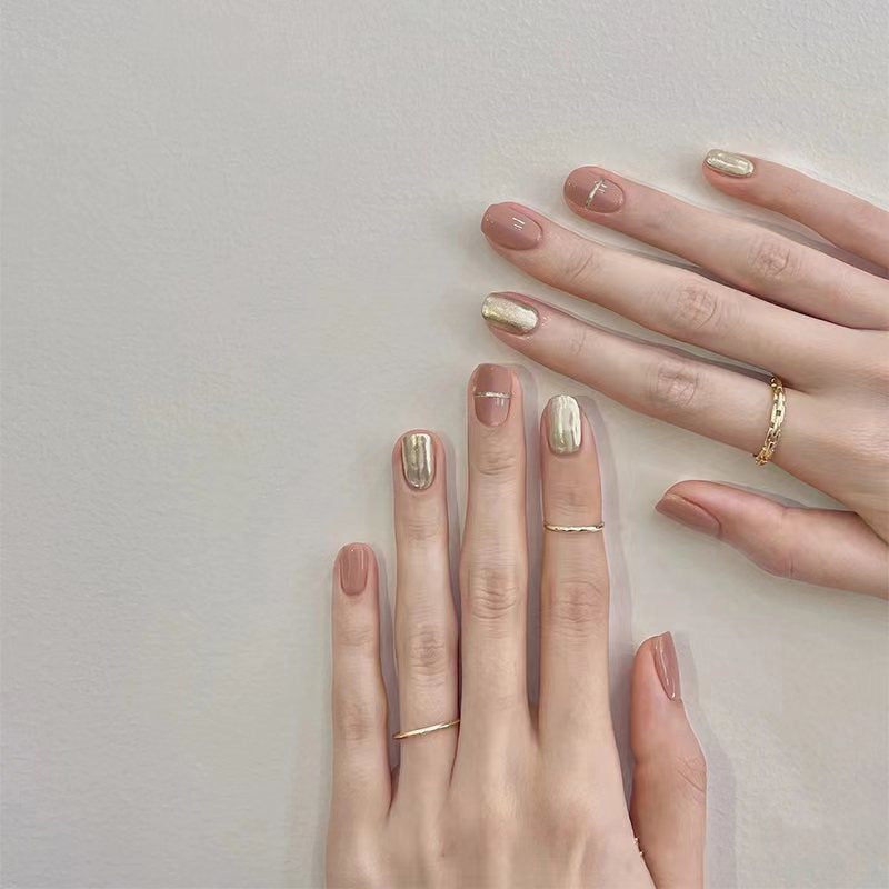 Elegant Soiree Short Squoval Beige and Gold Metallic Accent Press On Nail Set