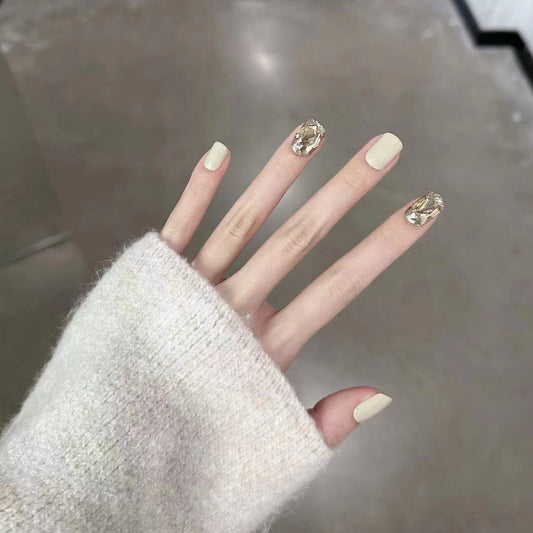 Elegant Beige Short Square Press On Nail Set with Gold Foil Accents